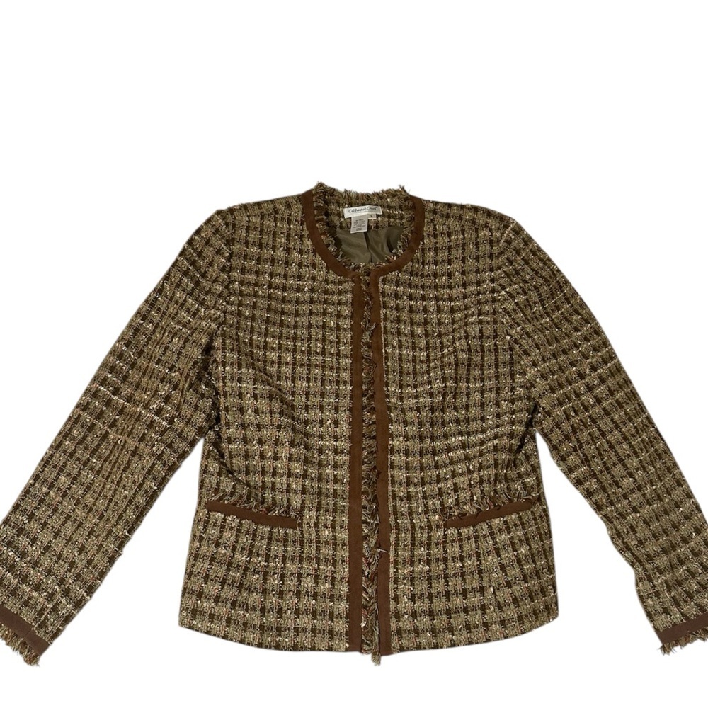 Coldwater Creek brand Brown tweed jacket women’s size L Frayed trim